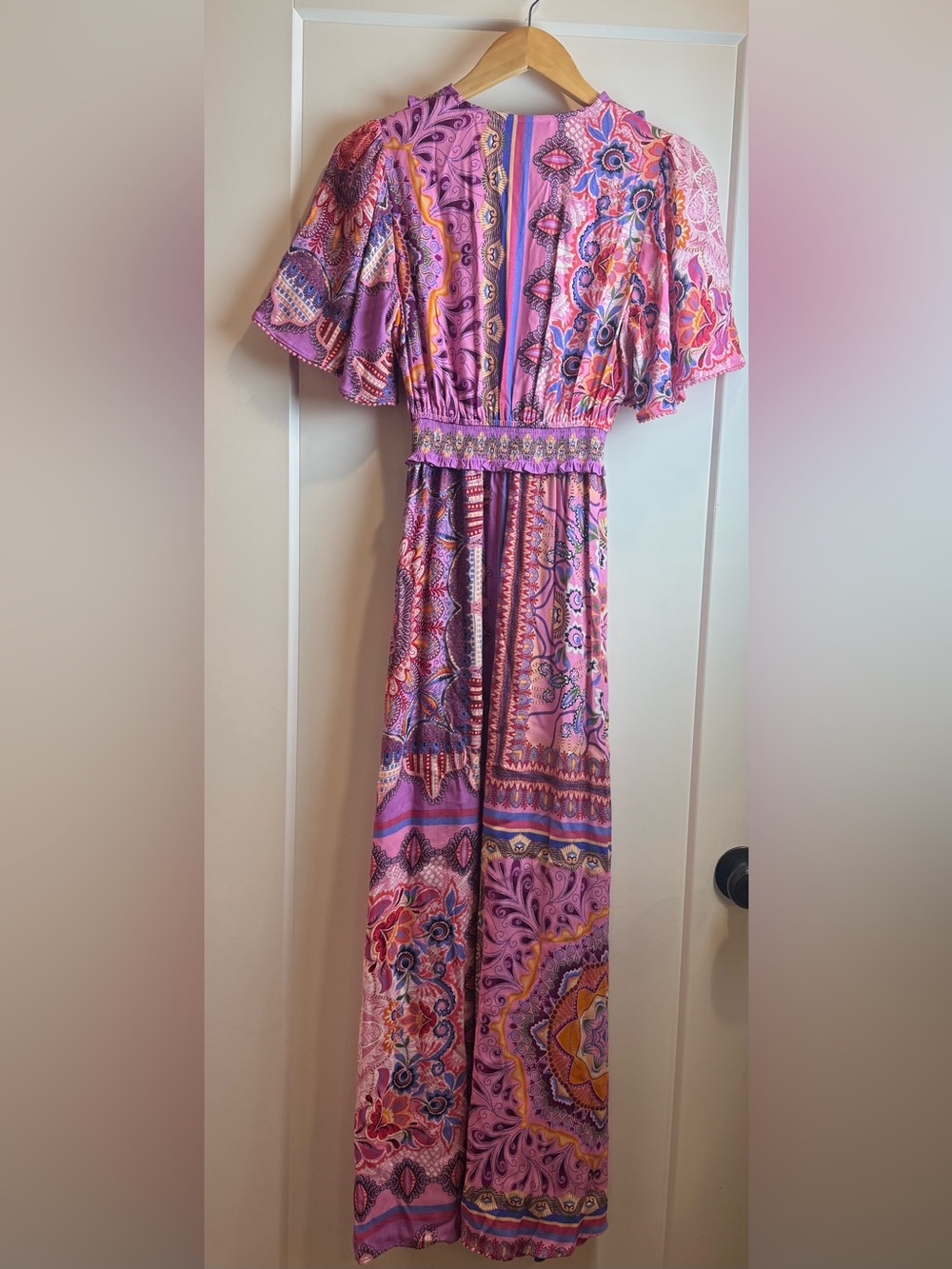 Hale Bob Katelyn Linen Maxi Dress Pink Paisley Boho Flutter Sleeve PocketsSizeXS - Picture 9 of 14